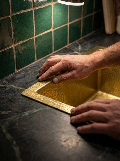 Hammered Unlacquered Brass Bar Sink Square Drop-In Basin