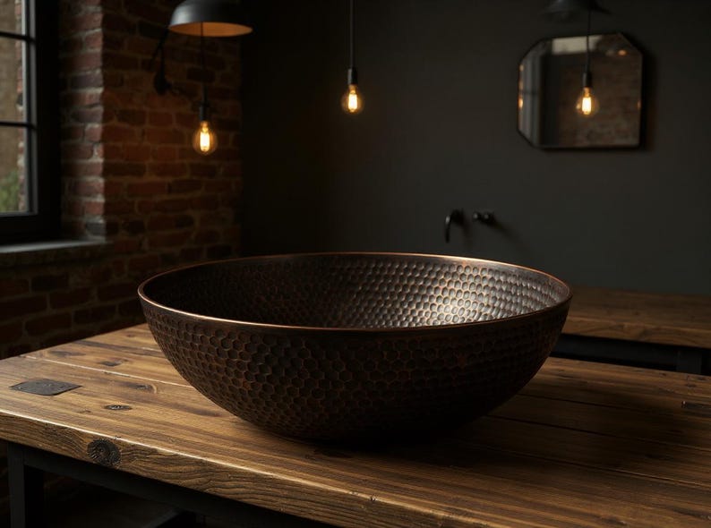 Hand-Hammered Antique Copper Round Vessel Sink