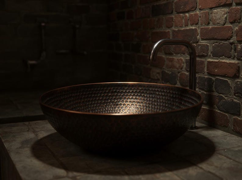 Hand-Hammered Antique Copper Round Vessel Sink
