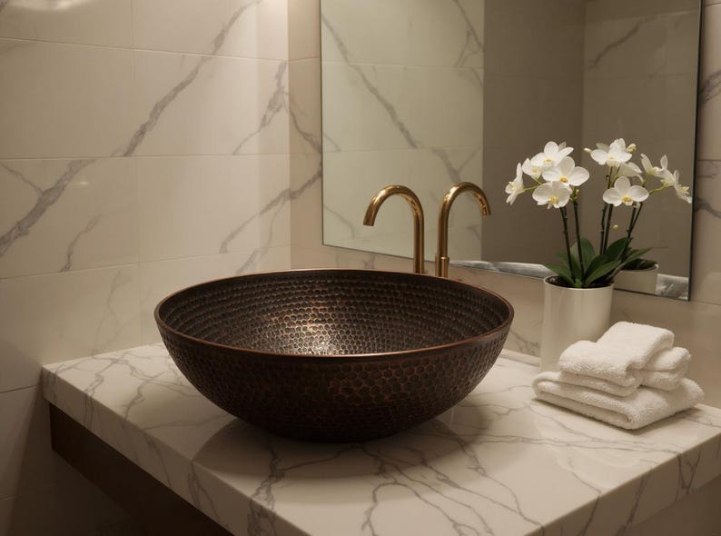 Hand-Hammered Antique Copper Round Vessel Sink