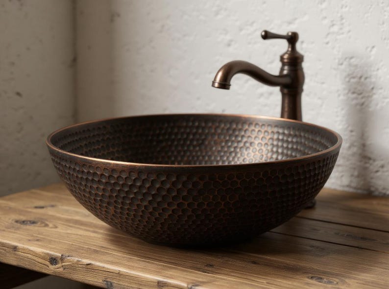 Hand-Hammered Antique Copper Round Vessel Sink