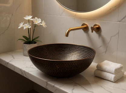 Hand-Hammered Antique Copper Round Vessel Sink