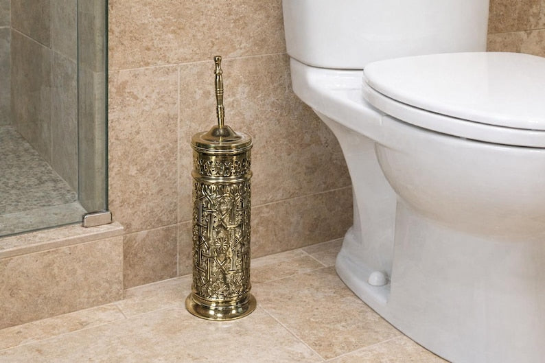 Luxury Etched Brass Toilet Brush Holder Set