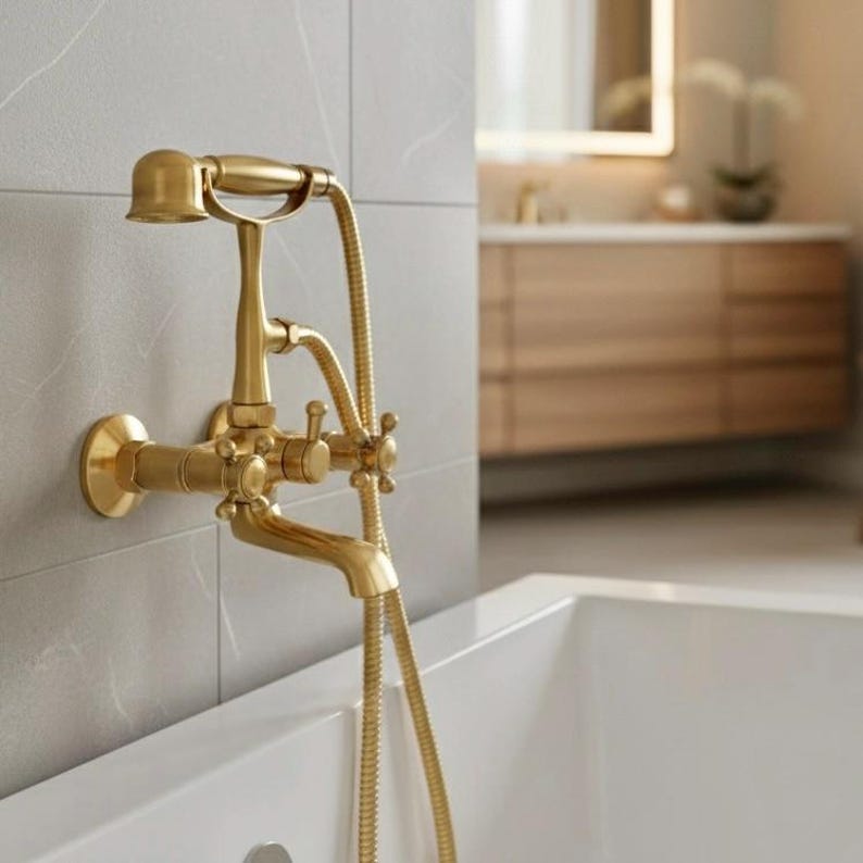 Luxury Brushed Brass Telephone Tub Filler with Handheld Shower
