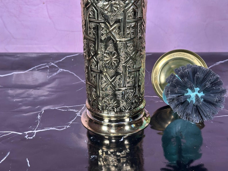Luxury Etched Brass Toilet Brush Holder Set