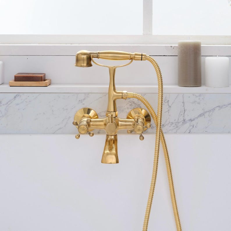 Luxury Brushed Brass Telephone Tub Filler with Handheld Shower
