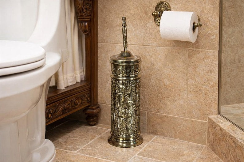 Luxury Etched Brass Toilet Brush Holder Set