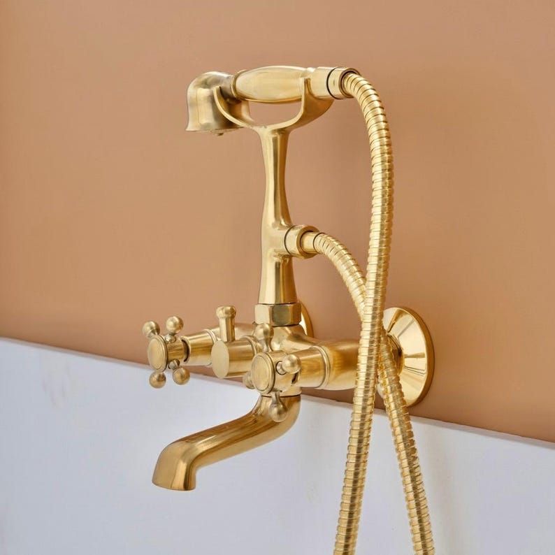 Luxury Brushed Brass Telephone Tub Filler with Handheld Shower