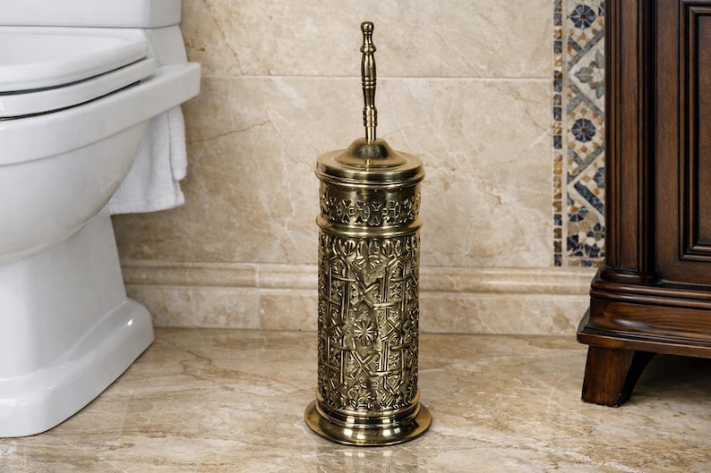 Luxury Etched Brass Toilet Brush Holder Set