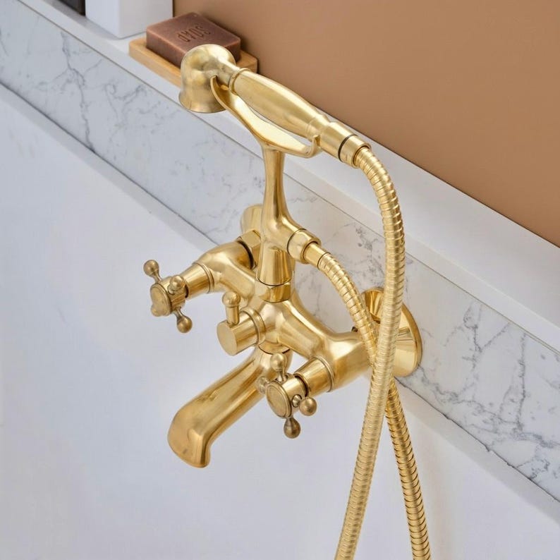 Luxury Brushed Brass Telephone Tub Filler with Handheld Shower