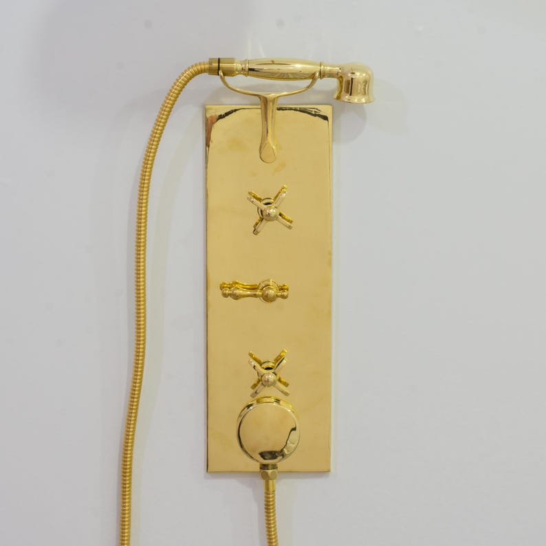 Luxury Unlacquered Brass Shower System – Rectangular Valve Plate with Cross Handles