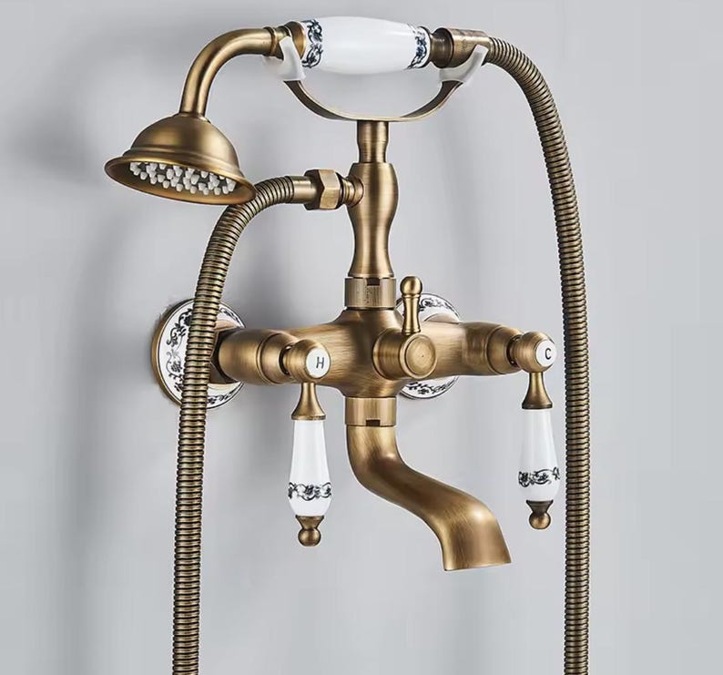 Antique Brass &amp; Porcelain Wall-Mount Shower System