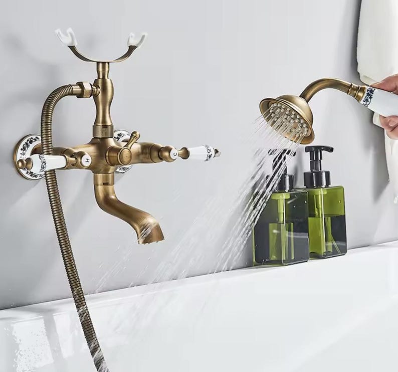Antique Brass &amp; Porcelain Wall-Mount Shower System