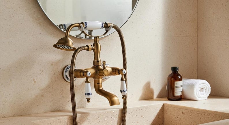 Antique Brass &amp; Porcelain Wall-Mount Shower System