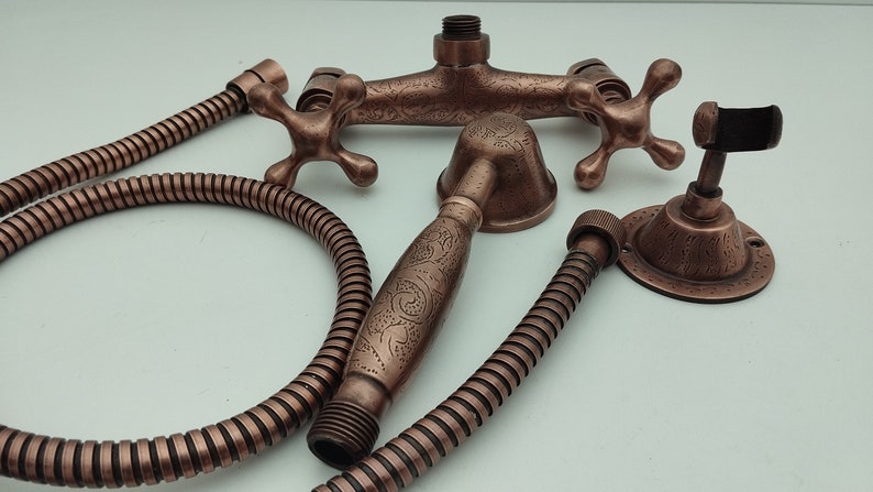 Engraved Antique Copper Shower Set with Exposed Mixer