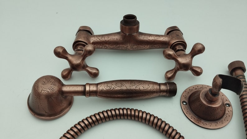 Engraved Antique Copper Shower Set with Exposed Mixer