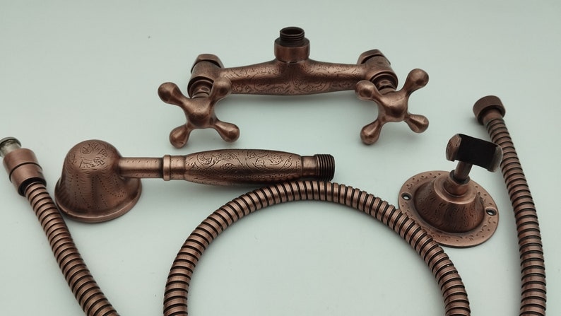 Engraved Antique Copper Shower Set with Exposed Mixer