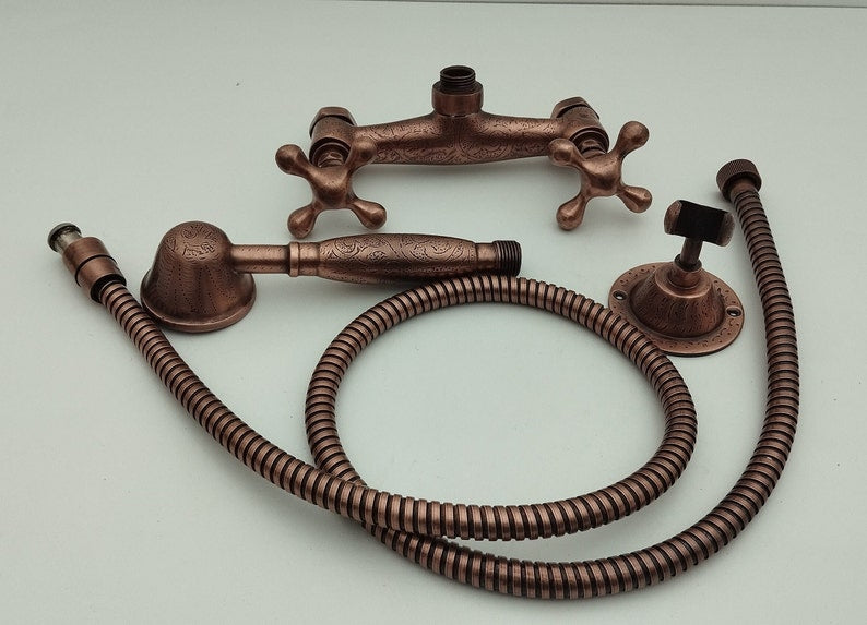 Engraved Antique Copper Shower Set with Exposed Mixer