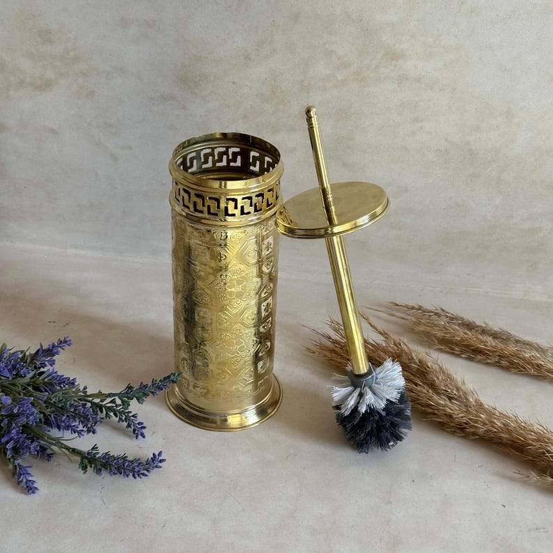 Luxury Engraved Brass Toilet Brush Holder Set