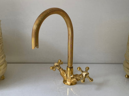 Polished Brass Swan-Neck Faucet with Scalloped Spout